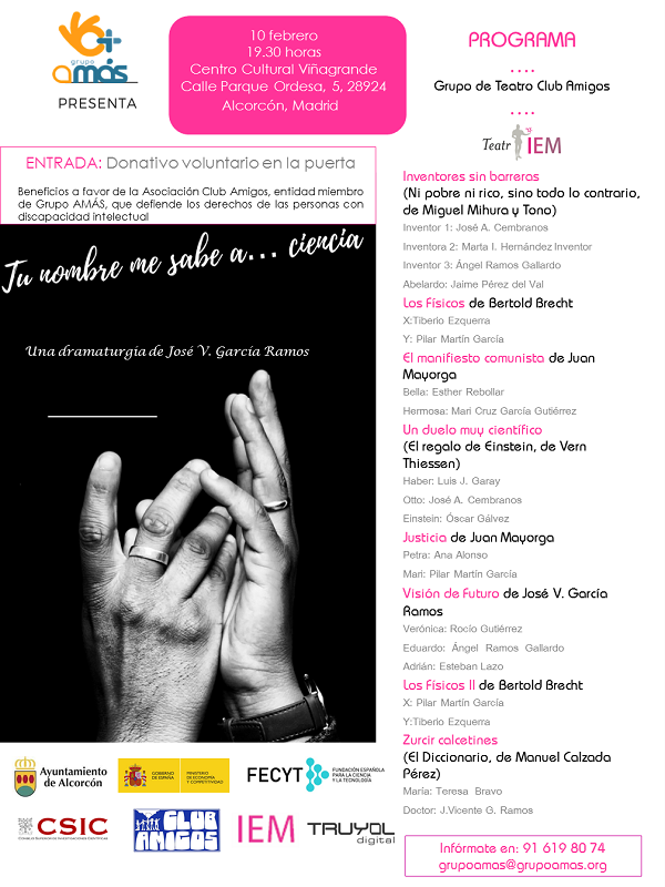 "Tu nombre me sabe a ciencia", Teatro Ciéntifico el 10 de febrero en Alcorcón. Foto: Fundación AMÁS.